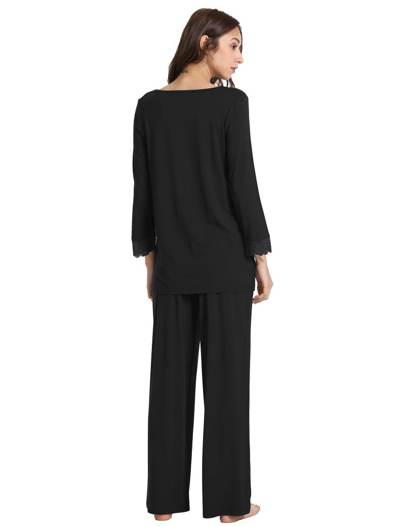 GYS Women's Pajama Sets Viscose from Bamboo Lace Trim Long Sleeve Sleepwear Soft Pjs Lounge Sets with Pockets, Black, Large - Image 2